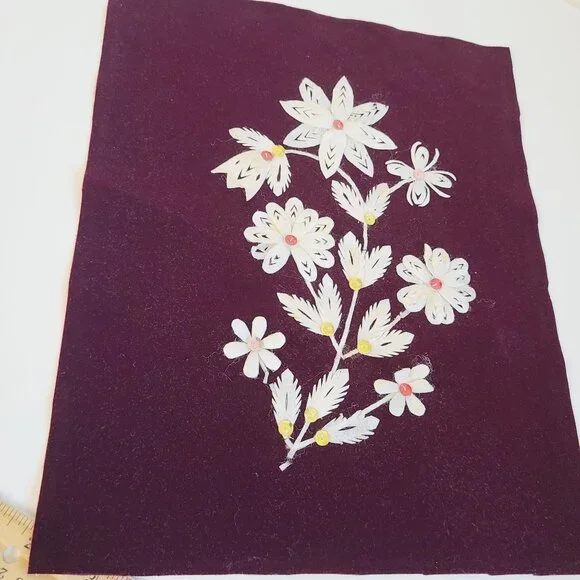 Handcrafted Floral Applique On Deep Burgundy Velvet 1970's White Petals Sequence - Picture 4 of 11